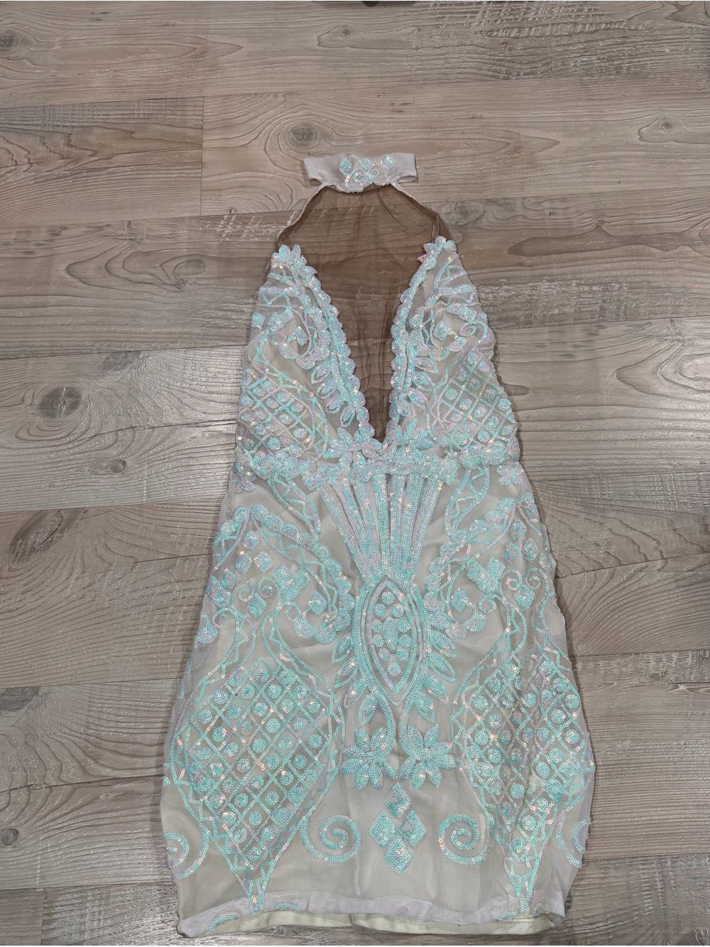 Custom made dress with iridescent sequins & mesh Halter Dress, Size Small